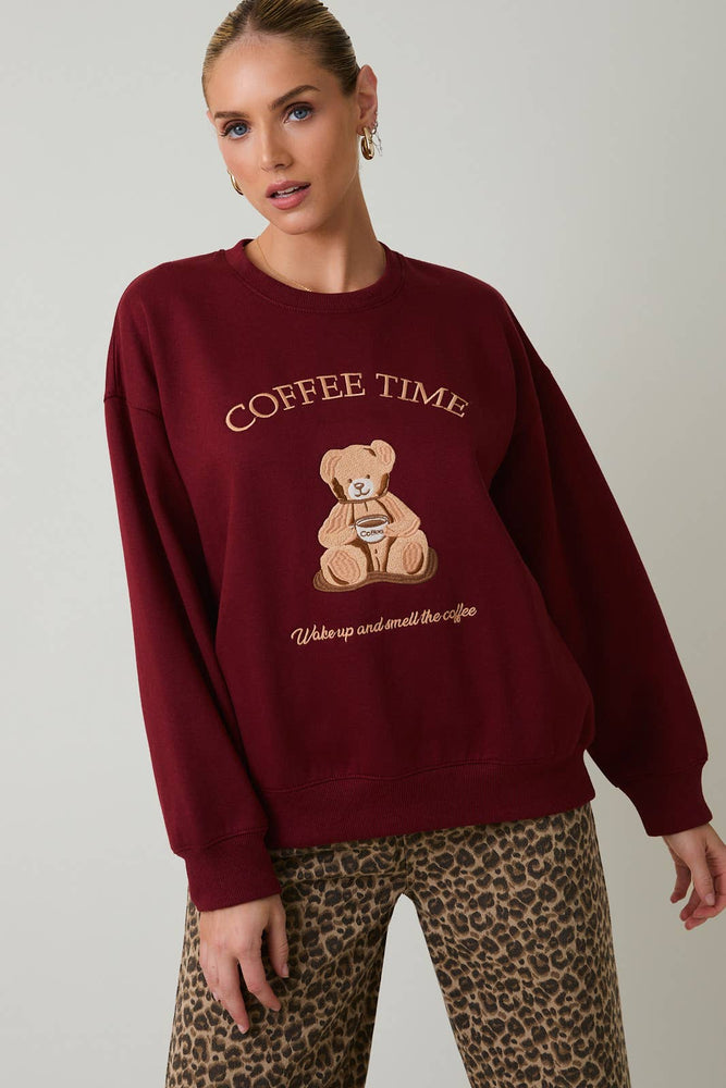 Teddy Bear “ Coffee Time “ Embroidered Sweatshirt
