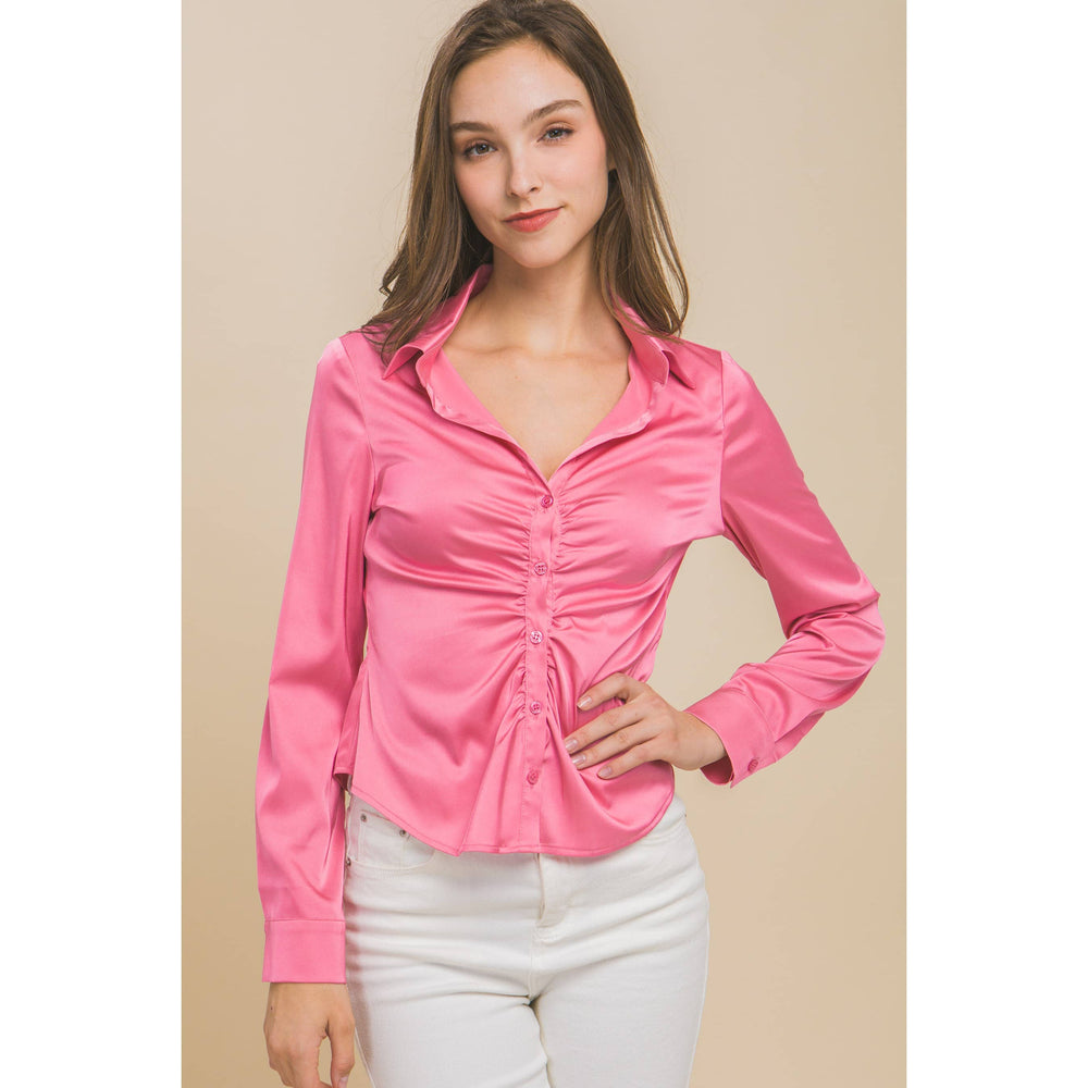 Satin Long Sleeve Button Down Ruched Blouse Top