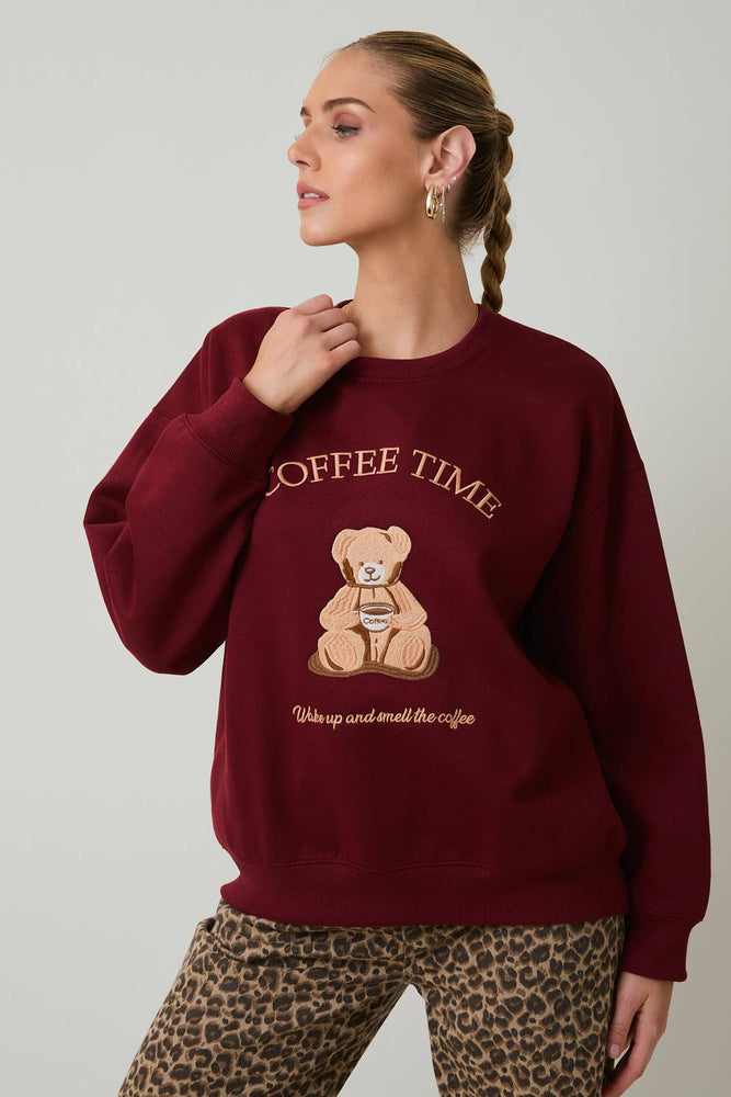 Teddy Bear “ Coffee Time “ Embroidered Sweatshirt