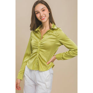 Satin Long Sleeve Button Down Ruched Blouse Top